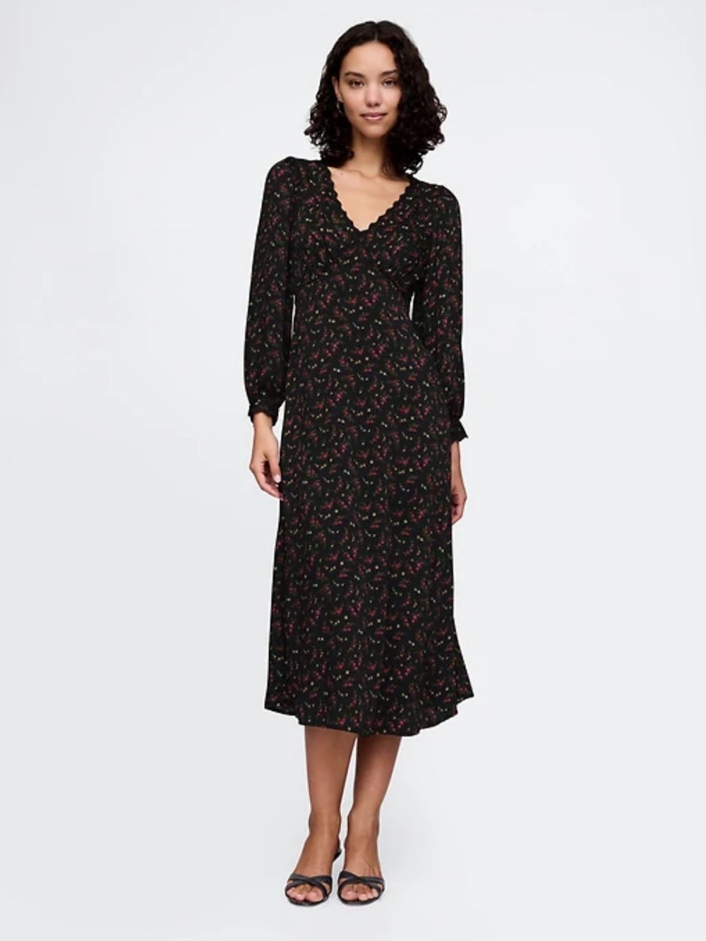 GAP Satin Empire Midi Floral Long Sleeve Dress